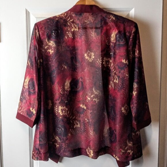 Haband Burgundy Red Floral Sheer Open Jacket - Picture 2 of 4